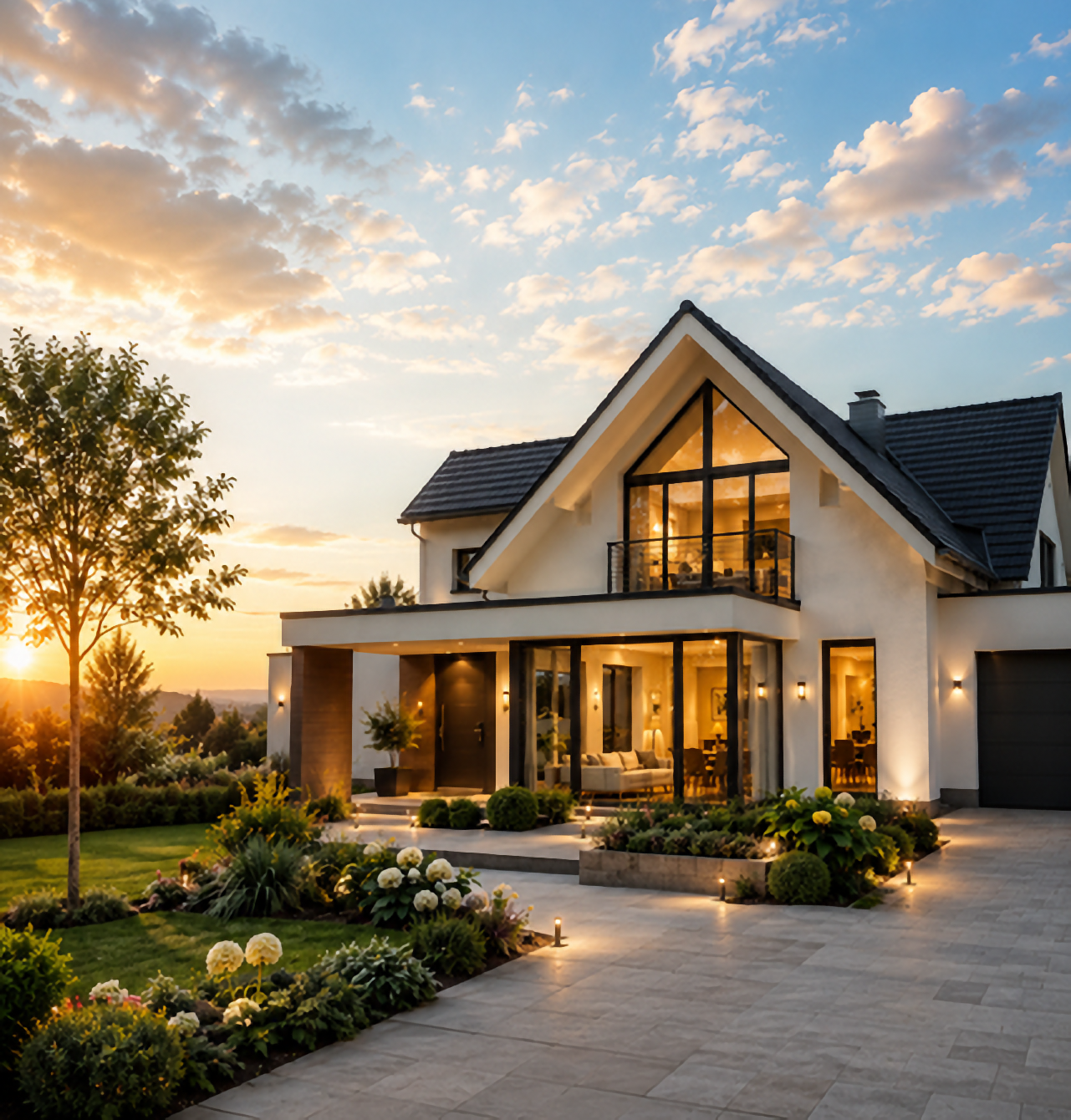 Einfamilienhaus bei Sonnenuntergang – Zeeb Immobilien